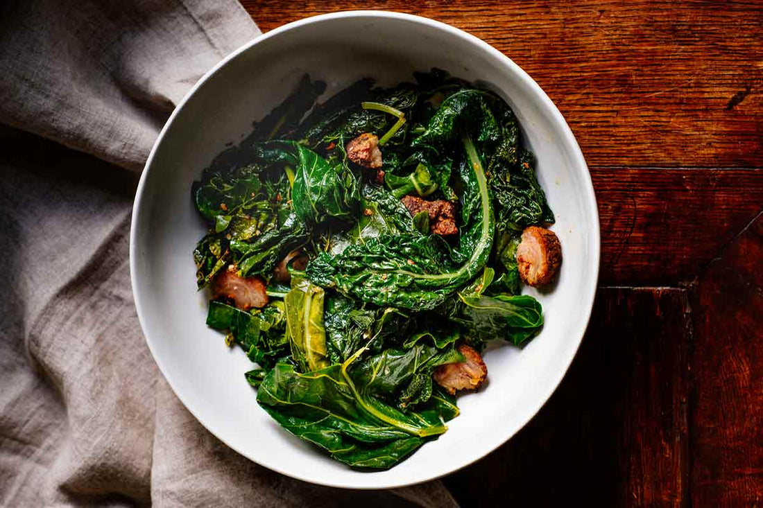 Kosher Wagyu Sausages with Collard Greens